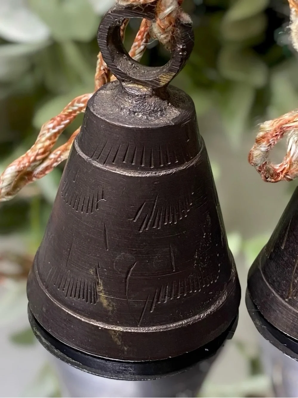 Vintage Brass Bells Of Sarna Etched Leaf Set Of 5 Original Cord